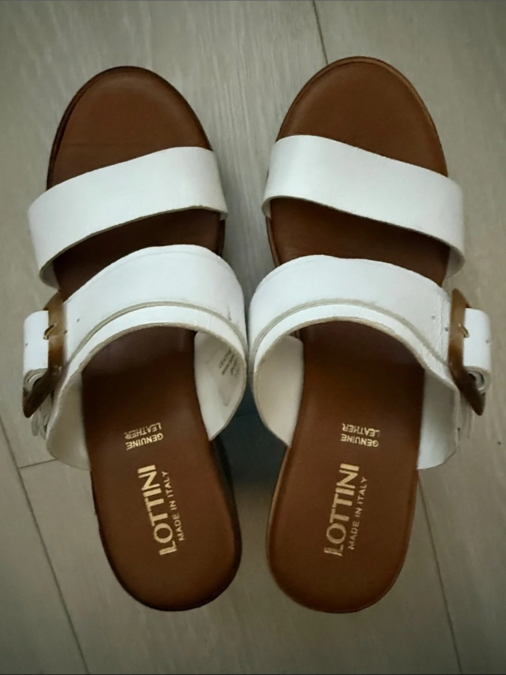 Lottini White Leather Wedge Slide Sandals with Buckle